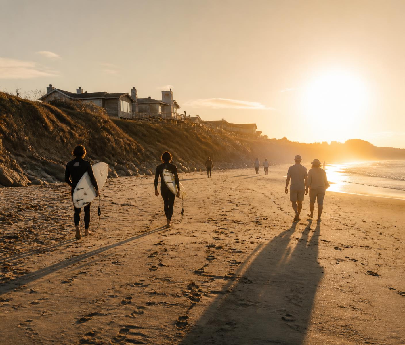 Surfers and beachgoers at golden hour on a Montauk beach